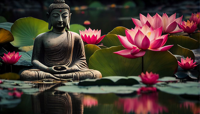 Fotomural vinilo imagen zen buda y flores de loto en estanque